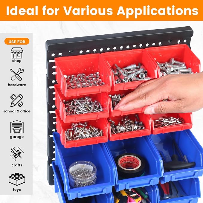 MaxWorks Wall Mount Storage Rack 30 Bin Heavy‑Duty Organizer for Nuts Bolts Screws Nails Beads Buttons and Small Parts for Garage Home and Workshop Blue and Red Bins (80694)