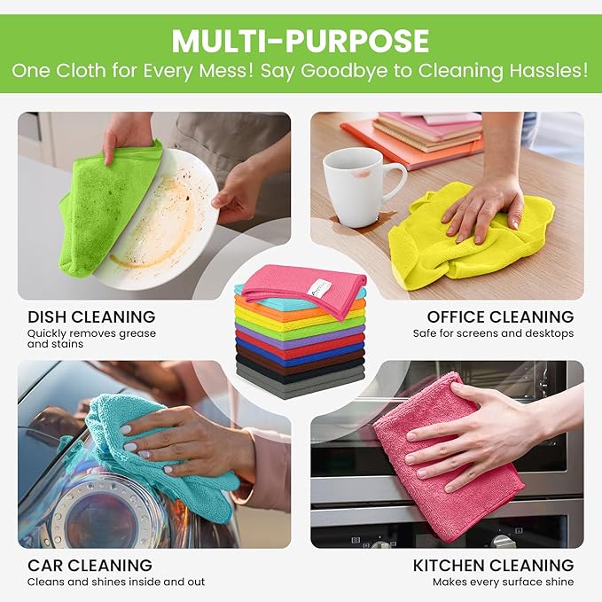 34 Pack Microfiber Cleaning Cloth, 11 Assorted Colors Cleaning Rags for Housekeeping, Colorful Reusable Microfiber Towels for Car, Kitchen, Bathroom and Household Cleaning Supplies, 11.8"X11.8"