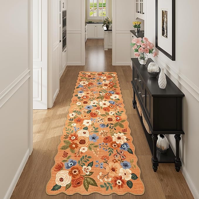 DUKINO 2.6x8 Runner Rug for Hallway, Washable Kitchen Rug with Non Slip Backing & Non-Shediing, Soft Low Pile Floral Design Runner for Bedroom, Kithchen, Living Room, Laundry, Bathroom, Orange