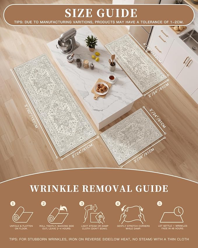 Madane Washable Kitchen Rug Set of 3, Small Area Rug Non-Slip Vintage Entryway Door Mat Indoor Entrance, Low Pile Floor Carpet Runner for Inside Front Door Entry Laundry (2x3+2x4+2x5, Beige/Brown)