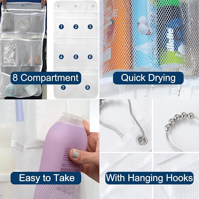 Bathroom Hanging Shower Organizer, 8 Pockets Mesh Shower Caddy with Easy Drying Mesh, Over The Door Bathroom Hanging Organizer for Soap, Shampoo and Cruise Essentials, White, 2 Pack