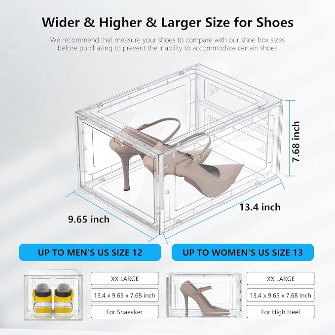 XX-Large Clear Shoe Storage Boxes with Magnetic Door, Thickened Stackable Shoe Organizer 12 Pack, Sneaker Display Case for Closet Organization & Entryway Storage, Dust-Proof Space Saving System, White