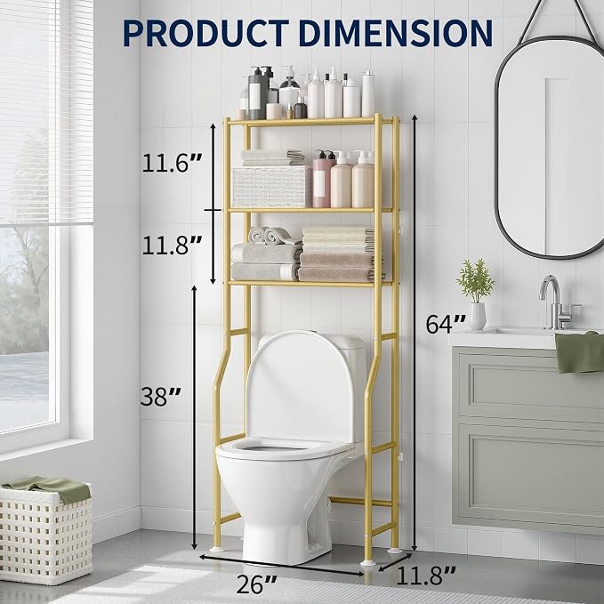 GloTika 3-Tier Over Toilet Storage Rack, Metal Over Toilet Bathroom Organizer Shelf, Freestanding Space Saver Storage Shelves for Bathroom/Laundry/Living Room (Gold)