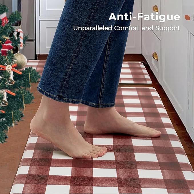 FRESHMINT Modern Farmhouse Plaid 2 Piece Set Kitchen Mats for Floor Anti Fatigue Waterproof & Non-Skid Kitchen Rugs Cushioned Kitchen Mat for Standing Washable Comfort Desk Kitchen Runners