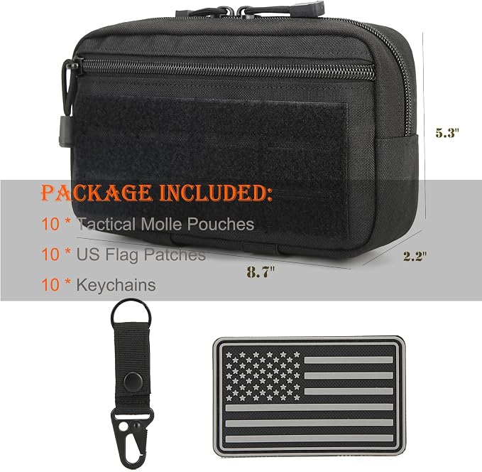 2 Pack Tactical Molle Admin Pouch with US Flag Patch and Keychain - Utility Laser Cut Tactical EDC Tool Pouch Bag Horizontal Modular Pouches Utility Tool Pouch
