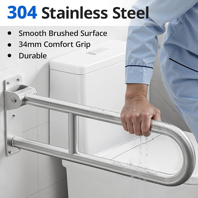 Toilet Grab Bar, Bathroom Safety Handrail Wall Mounted, 304 Stainless Steel Flip Up Folding Support Rail for Elderly Seniors and Handicap Assistance (30 Inch)