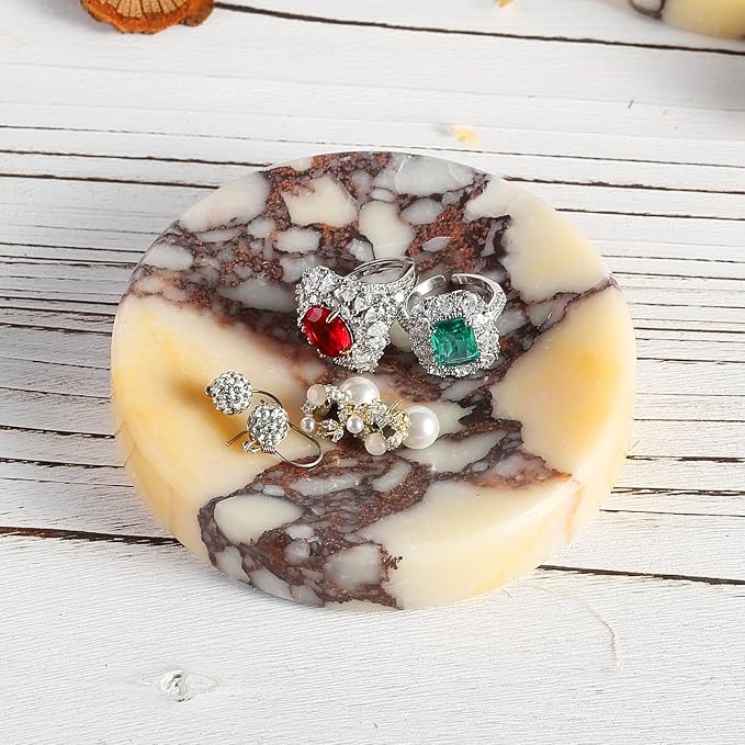 Koville Marble Jewelry Dish, Small Round Trinket Dish for Ring Necklace Earring, 4" Decorative Dish, Natural Stone Soap Dish for Bathroom Kitchen