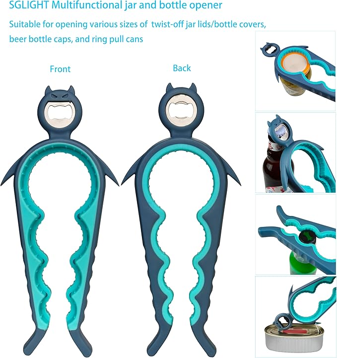 Jar Opener Bottle Opener for Arthritis, 5-in-1 Multifunctional Jar Opener, Easy Grip for Seniors and Weak Hands, Devil Shape Kitchen Gadget for Jar, Beer and Bottle (Grey and Blue)