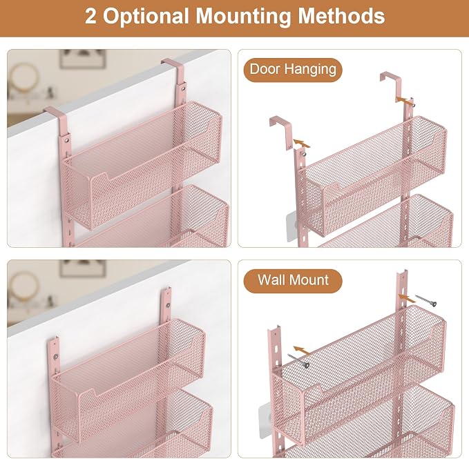 VyGrow Over The Door Organizer, Metal Door Organizer Hanging with 5 Adjustable Baskets and Coat Hook, Behind The Door Storage for Bedroom Closet Bathroom Pantry Cabinet Kitchen, Pink