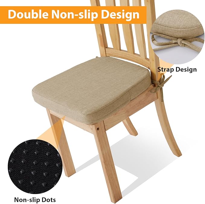 Ruqmuis Chair Cushions for Dining Chairs, 2" Thick Seat Cushions for Kitchen Chairs, D-Shaped Chair Pads with Washable Cover, Ties and Non Slip Backing, 17'' x 16'', Set of 4, Khaki