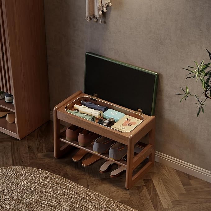 AQIMUELE Shoe Rack Bench,2 Tiers Shoe Bench with Storage with Flip-Top,Wood Shoe Rack for Entryway,Hallway（Green Upholstered Seat,11.8" D x 23.62" W x 15.7" H