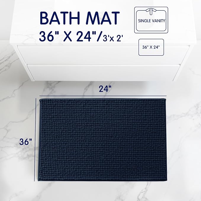 SUBRTEX Bathroom Rugs, 24" x 36" Chenille Bath Rug Soft Short Plush Bath Mat Soft Shower Mat Water Absorbent Shower Mat Quick Dry Machine Washable, Navy