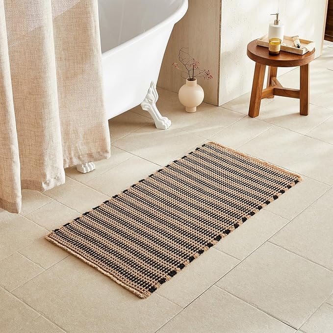 TYUU Waffle Bath Mat, Boho Bathroom Rugs Non Slip Washable Super Absorbent Quick Dry Bath Mat Farmhouse Bathroom Decor, 48"x24" Black and Khaki
