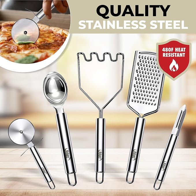Kaluns 50 PCS Silicone Kitchen Utensils Set Complete Kitchen Set - 800°F Heat Resistant Non-Stick Premium Silicone Cooking Utensils W Wooden Handles - Can Opener, Masher, Turner, Silicone Spatula Set
