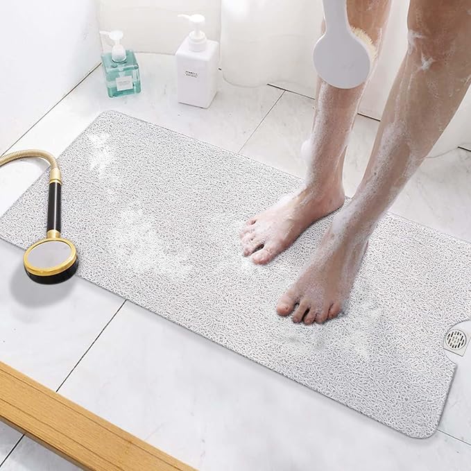 HITSLAM Non Slip Bathtub Mat 40 x 16 Inch, Extra Long Bath Mat for Tub, Soft PVC Loofah Shower Floor Mat with Drain, Quick Drying Bathroom Tub Mat for Wet Area, Without Suction Cup, White