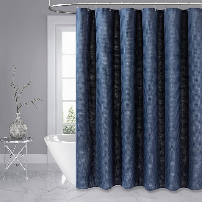 Dynamene Extra Wide Shower Curtain - 180 Inch Wide Waffle Weighted Thick Cloth Bathroom Shower Curtain, Neutral Heavy Duty Hotel Shower Curtain Set with 32 Plastic Hooks,180x72, Navy Blue