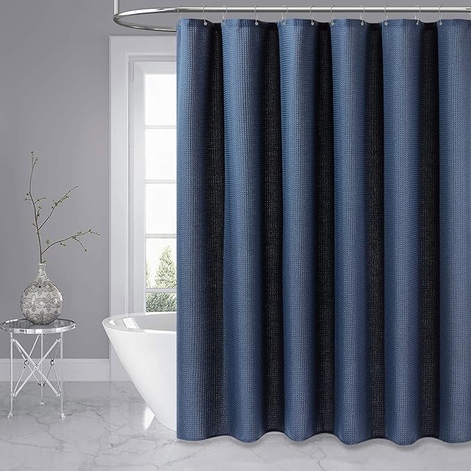 Dynamene Stall Fabric Shower Curtain - 54 inch Wide Waffle Weave Weighted Thick Cloth Shower Curtains for Bathroom, Heavy Duty Hotel Spa Luxury Bath Curtain Set with 10 Hooks, 54x72, Navy Blue