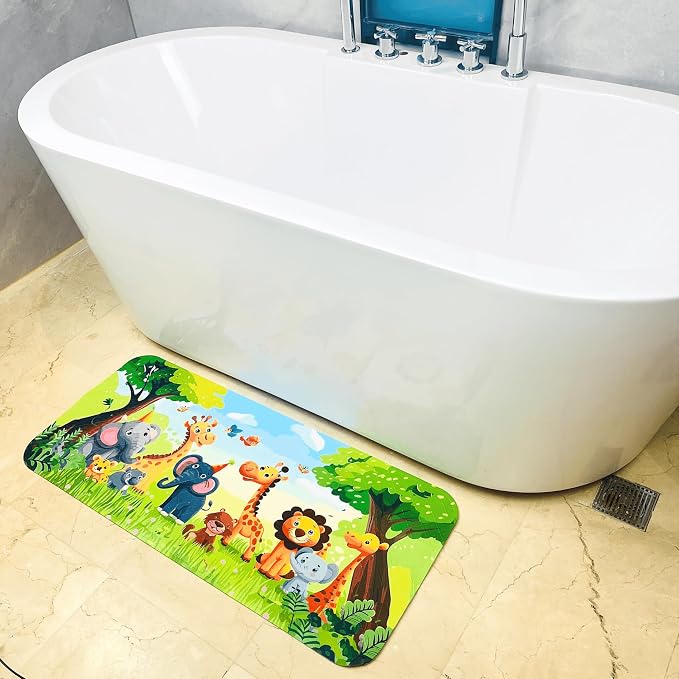 BEEHOMEE Bath Mats for Tub Kids,Baby Toddler - Large Cartoon Non-Slip Bathroom Bathtub Anti-Slip Shower Mats for Floor 35x15,Machine Washable XL Size Bathroom Mats (Jungle Friends)