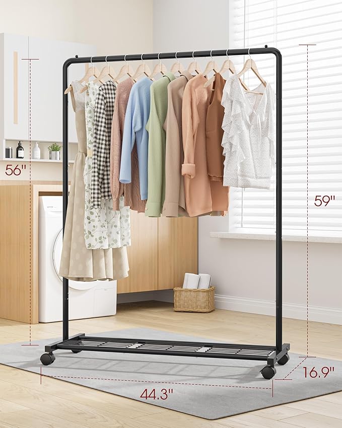 Sakugi Clothes Rack - Clothing Rack with Storage Mesh Shelf & Casters, Heavy-Duty Metal Clothing Rack for Hanging Clothes, Dresses, Coats, Large Load Capacity, Easy Assembly, Black, 44.3"x16.9"x59.0"