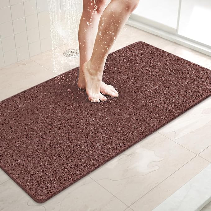 LuxStep Shower Mat Bathtub Mat,36x16 inch, Non-Slip Bath Mat with Drain, Quick Drying PVC Loofah Bathmat for Tub,Shower,Bathroom,Reddish Brown