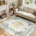RELEANY Area Rugs 4'x5' Washable Non-Slip, Floral Vintage Distress Medallion Carpet for Living Room Bedroom Dining Room, Beige Carbon Grey Orange