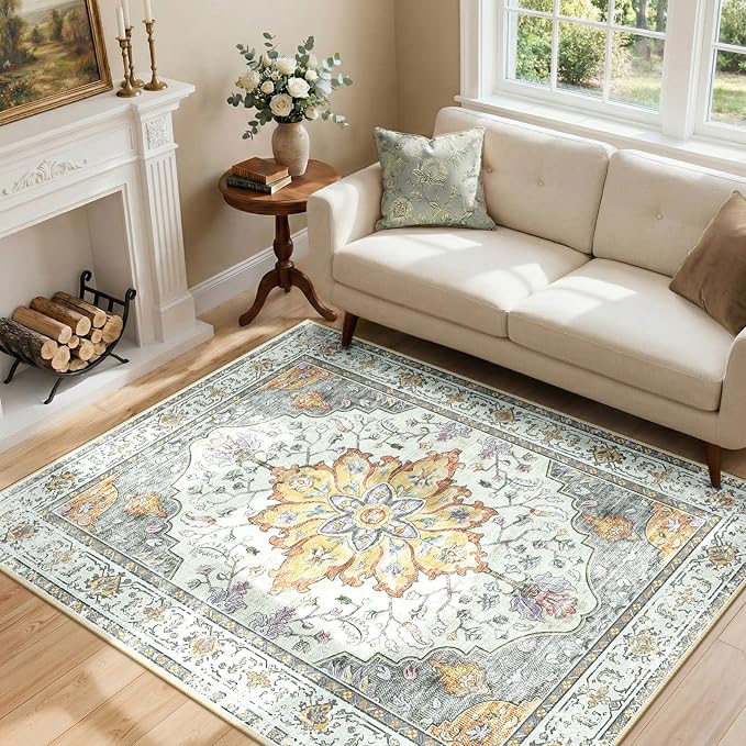 RELEANY Area Rugs 4'x6' Washable Non-Slip, Floral Vintage Distress Medallion Carpet for Living Room Bedroom Dining Room, Beige Carbon Grey Orange