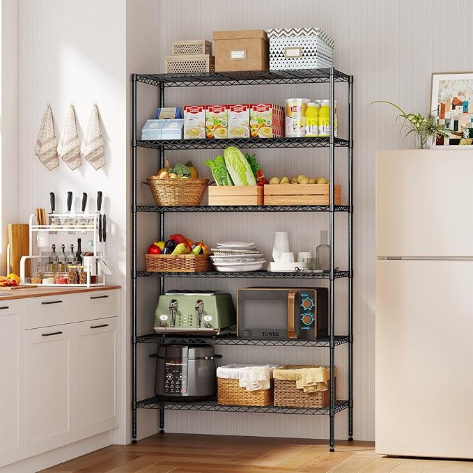 BestOffice | 6-Tier Wire Storage Shelves with Wheels | 18x45x82 | Black | Adjustable Racks | Heavy-Duty Metal Shelf, Holds Upto 2100 lbs | No-Tool Assembly | Ideal for Home & Garage Shelving