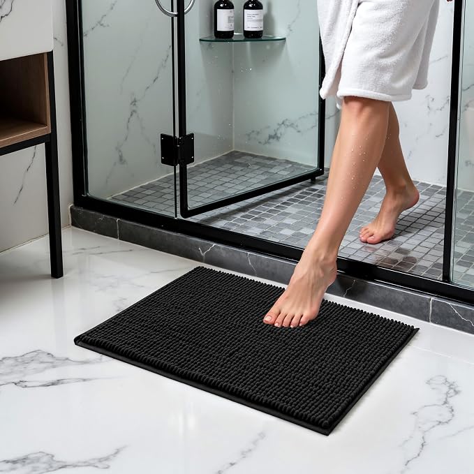 SUBRTEX Bathroom Rugs Chenille Bath Rug Soft Short Plush Bath Mat Soft Shower Mat Water Absorbent Shower Mat Quick Dry Machine Washable(Black,18" x 24")