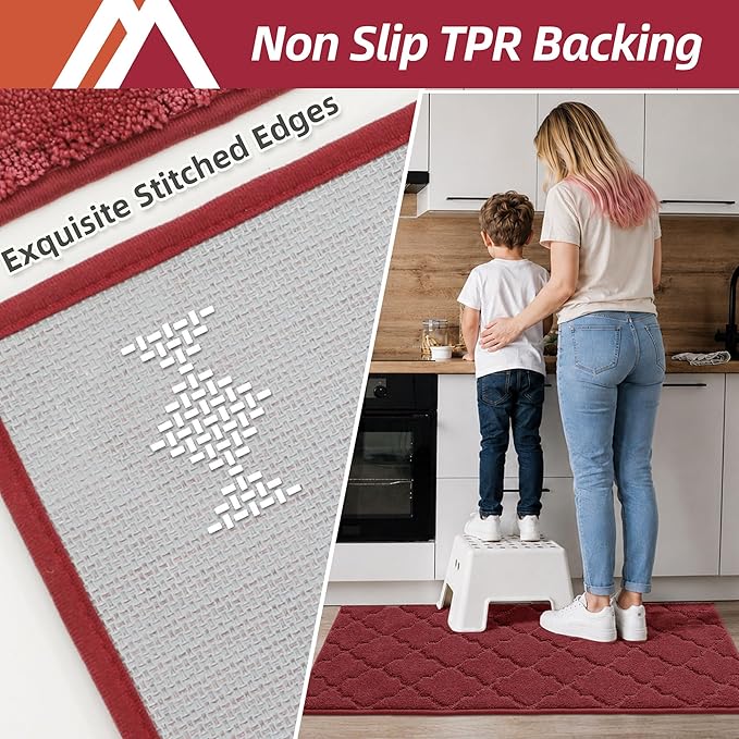 COSY HOMEER Soft Kitchen Rugs [2 PCS] for in Front of Sink Super Absorbent Kitchen Floor Mats and Mats 20x30 Inch/20X48 Non-Skid Kitchen Mat Standing Mat Washable,Polyester,Red