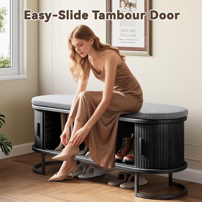 Decofy Storage Bench with Cushion and Sliding Doors, 47.2 Inch Large Entryway Shoe Bench with Sturdy Metal Feet, Multi-Functional for Entrance Hall, Bedroom, Living Room (Black Walnut)