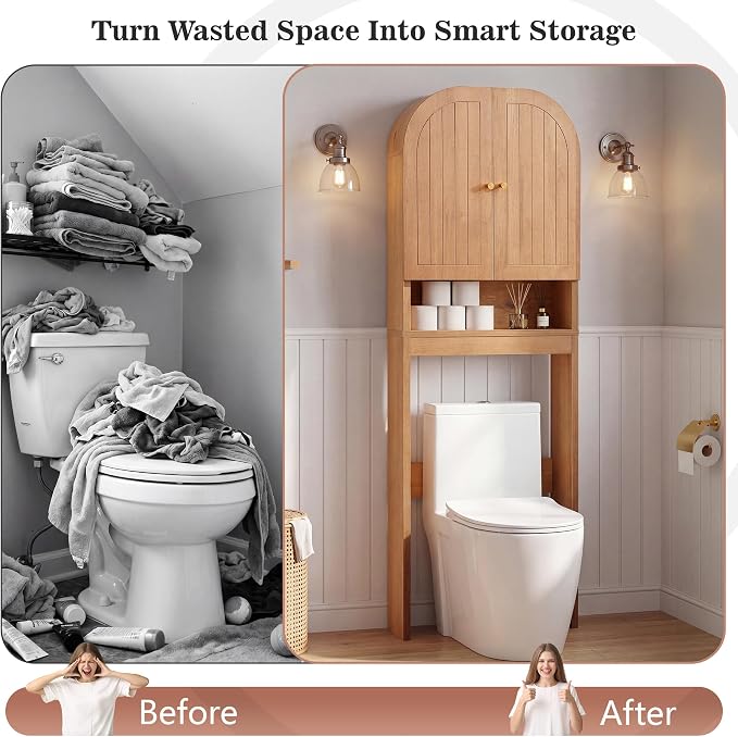Over the Toilet Storage Cabinet, 70" Tall Bathroom Space Saver with Fluted Grooved Doors, Freestanding Over Toilet Organizer with Adjustable Shelves & Soft-Close Hinges for Small Bathrooms (Caramel)