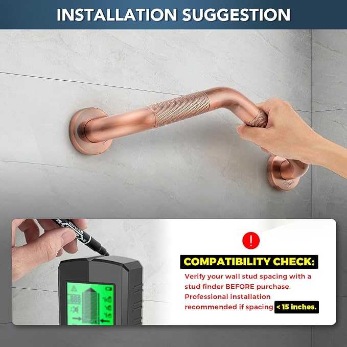 Grab Bars for Bathtubs and Showers- 1-1/4 x 16 Angled Shower Grab Bar for Seniors Knurled Stainless Steel Handicap Grab Bars for Wall (Antique Copper, 2 Pack)