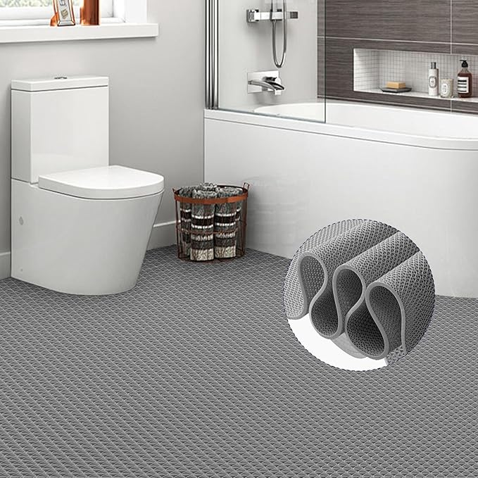Drainage Mat 3x16 Ft 0.22” Thick PVC Commercial Floor Mat Non Slip Pool Mat S-Shaped Shower Floor Heavy Duty Roll for Wet Area Kitchen Hotels Bars Bathroom Patio Outdoor Indoor Rug (Gray, 3x16 Ft)
