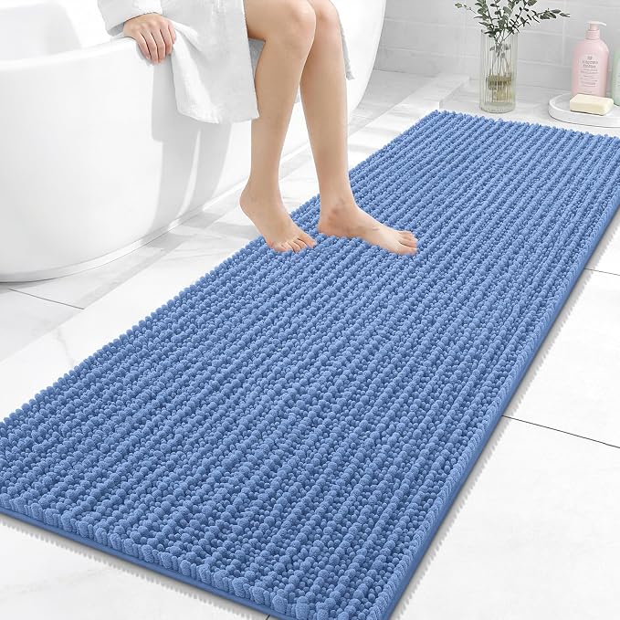 OLANLY Long Bathroom Rugs Runner 59x24, Thick Soft and Absorbent Chenille Bath Mat, Non-Slip, Machine Washable Quick Dry Bath Rugs for Tub Shower Floor, Home Decor Accessories, Cornflower Blue