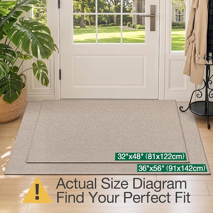 LUMI Ultra Thin Indoor Door Mat for Entrance 32"x48", Non Slip Entryway Mat, Low Profile Doormat, Unique Herringbone Design Carpet for Inside, Patio, Porch, Deep Beige