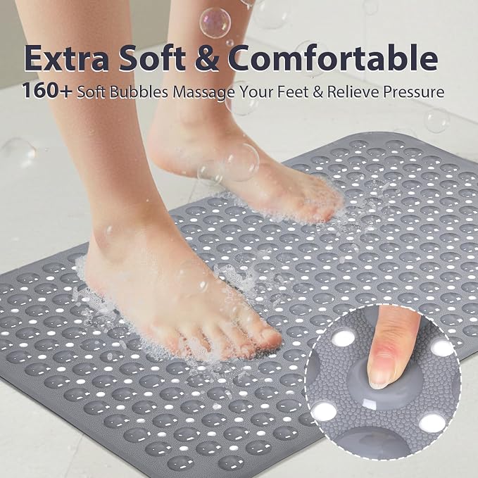 Grey Bathtub Mat Shower Mat Non Slip 17x30 Inch Standard Size, Soft Bubble Bath Tub Mat Shower Mats for Inside Shower Bathroom Floor Mat with Big Suction Cups & Drain Holes, BPA-Free