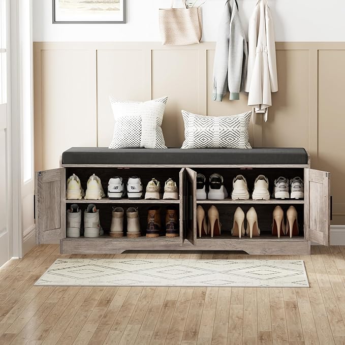 Homleke 2-Tier Storage Bench, Shoe Bench with Thickened Padded Seat Cushion, Entryway Bench with 4 Doors, Adjustable Shelf, 13.8" D x 45.3" W x 18.5" H, for Entryway, Living Room, Bedroom, Greige