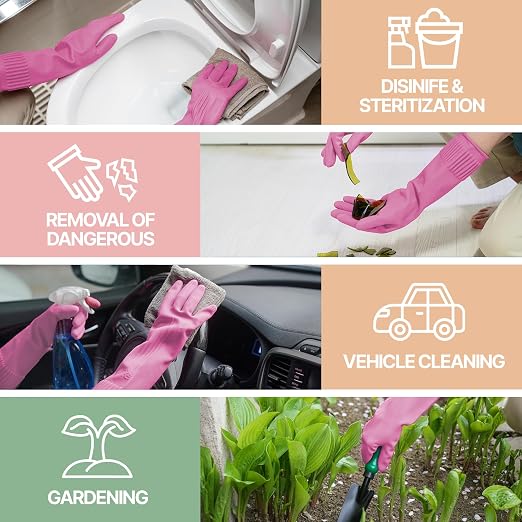 DABOGOSA Mamison 2 Pairs Reusable Waterproof Household Dishwashing Cleaning Rubber Gloves, Non-Slip Kitchen Glove (Pink, Large (Pack of 3))