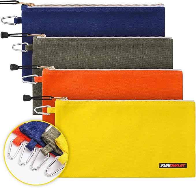 FunOwlet Utility Canvas Zipper Tool Bag - Heavy Duty Tools Pouch with Carabiner, Multi-Purpose Storage Organizer Clip on Tote Bags in Olive, Orange, Blue, Yellow, 4 Pack