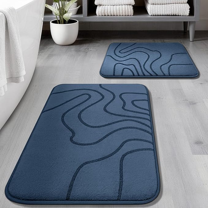 YIHOUSE Memory Foam Bathroom Rugs Sets 2 Piece - Extra Thick Ultra Soft Absorbent Bath Mat Set, Non-Slip Machine Washable Bath Rugs for Bathroom, Tub & Shower, Home Decor (32"x20"+24"x17", Dusty Blue)