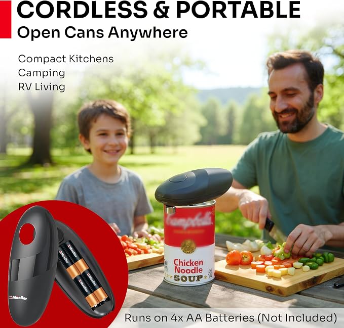MUELLER HOME SmoothEdge Auto Electric Can Opener – Battery‑Operated One‑Touch w Magnet Lid Lifter, Smooth‑Edge Cut Technology – Portable Hands‑Free Automatic Can Opener for Seniors & Arthritis, Gray