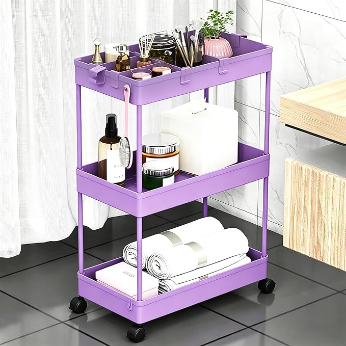 SPACELEAD Slim Storage Cart 3 Tier,Bathroom Organizer Rolling Utility,Mobile Shelving Unit Slide Out for Office, Kitchen, Laundry Room & Narrow Places,Purple