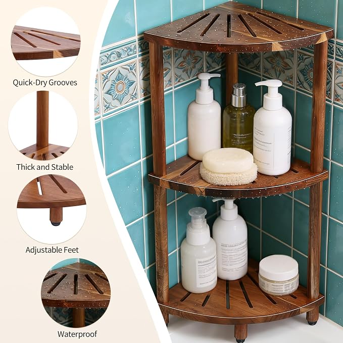 Corner Shelf Shower Caddy Stand 3 Tier for Bathroom, Space Saving Shower Organizer Corner Stand, Bathroom Shelves for Inside Shower - Home Decor & Bathroom Storage Acacia