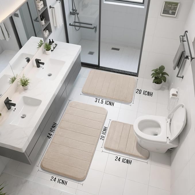 Yimobra 3 Pieces Memory Foam Bath Mat Set with U-Shaped Toilet Rug - Non Slip Super Soft Absorbent Quick Dry Bathroom Rugs for Bathtub, Vanity & Toilet Base, Beige