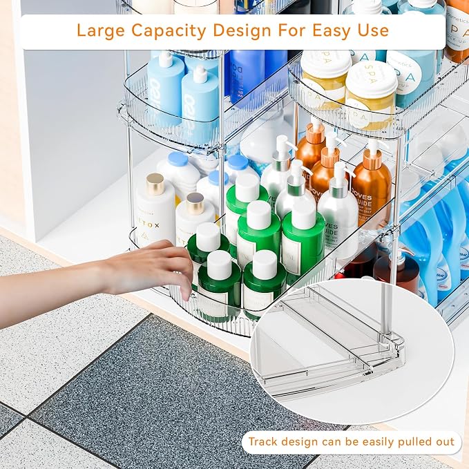 Yieach 2 Pack 13.8″ Deep 3 Tier Under Sink Storage Organizer,Large Pull Out Bathroom Organizers and Storage,Slide Out Acrylic Undersink Storage Shelf,Kitchen Under Sink Organizer for Cleaning Products