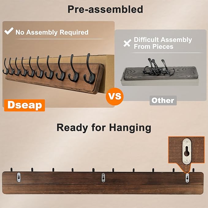 Dseap Coat Rack Wall: 38-1/4" Long, Patented, Heavy-Duty, 10-Double-Hooks Wooden Wall Mounted Coat Rack Coat Hanger Hook Rail for Winter Coats Hat Jacket Clothing, Weathered Blue