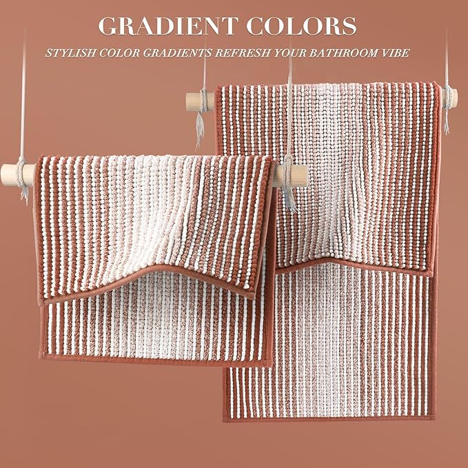 BSICPRO Bathroom Rugs and Mats Sets, 2 Piece Thick Absorbent Chenille Bath Mat Rug Set Non Slip, Soft Bath Room Floor Mats for Bathroom, Machine Washable (20" x 47" Plus 16" x 24",Caramel Brown)