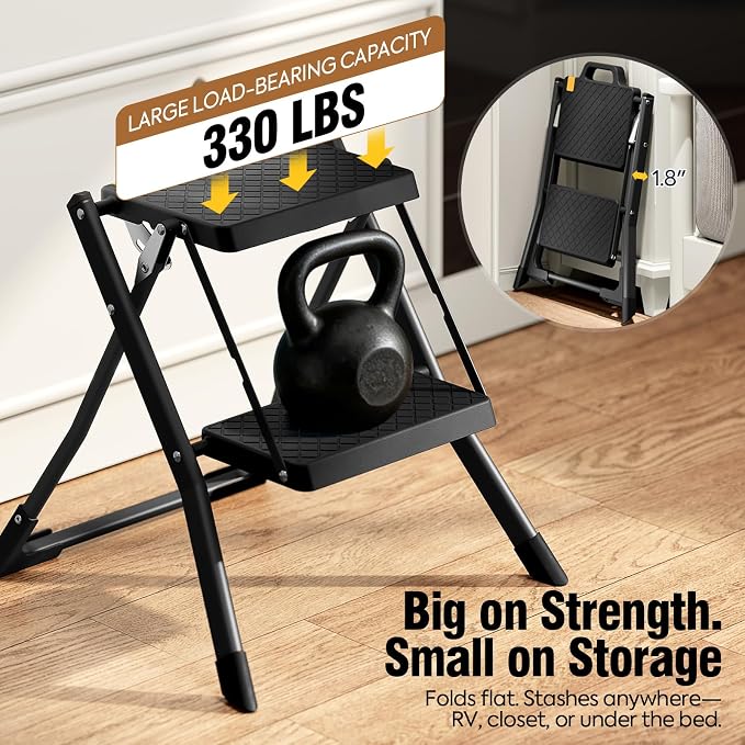 URACKIFY 2 Step Stool Foldable, Step Ladder with Non-Slip Rubber mat, Step Stool with Release Button, Lightweight Steel, Black, for up to 330LBS.