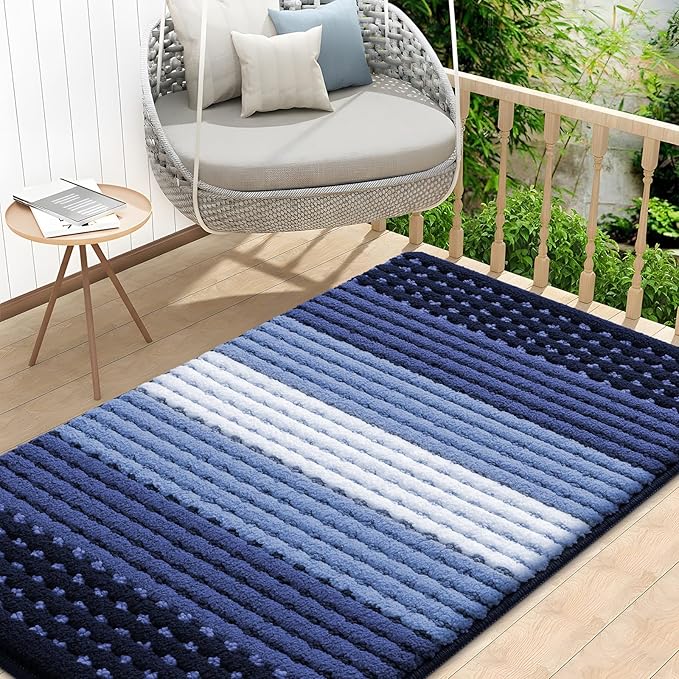 Kitinjoy Indoor Outdoor Door Mat, 48x32 Non-Slip Absorbent Dirt Trapper, Low-Profile Washable Inside Entrance Front Floor Mat, Sturdy Soft Entry Dotted Ombre Doormats for Entryway, Navy Blue