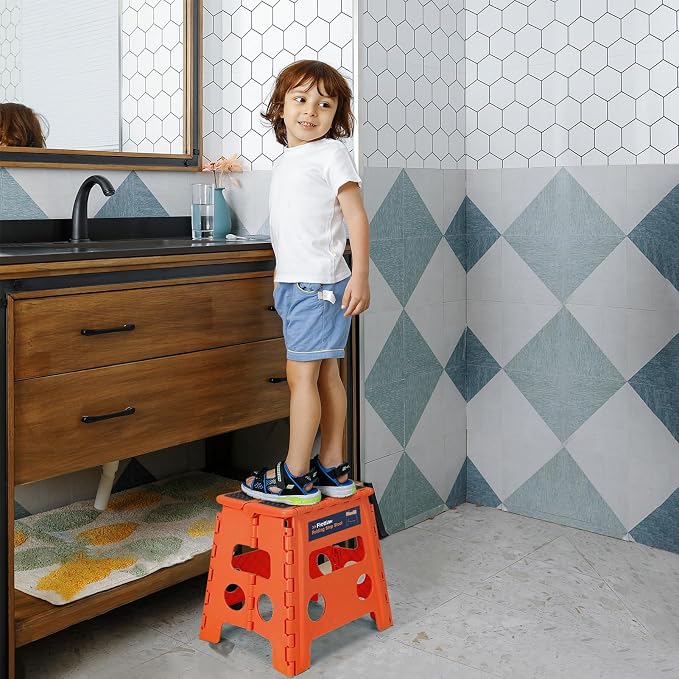 Flottian 13" Folding Step Stool for Adults and Kids Holds Up to 300 lbs,Non-Slip Folding Stools with Handle, Compact Plastic Foldable Step Stool for Bathroom,Bedroom, Kitchen,Orange-Red,1PC